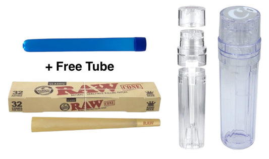 RAW Classic King Size Pre Rolled Cones (32 Pack) + Grinder + Tube