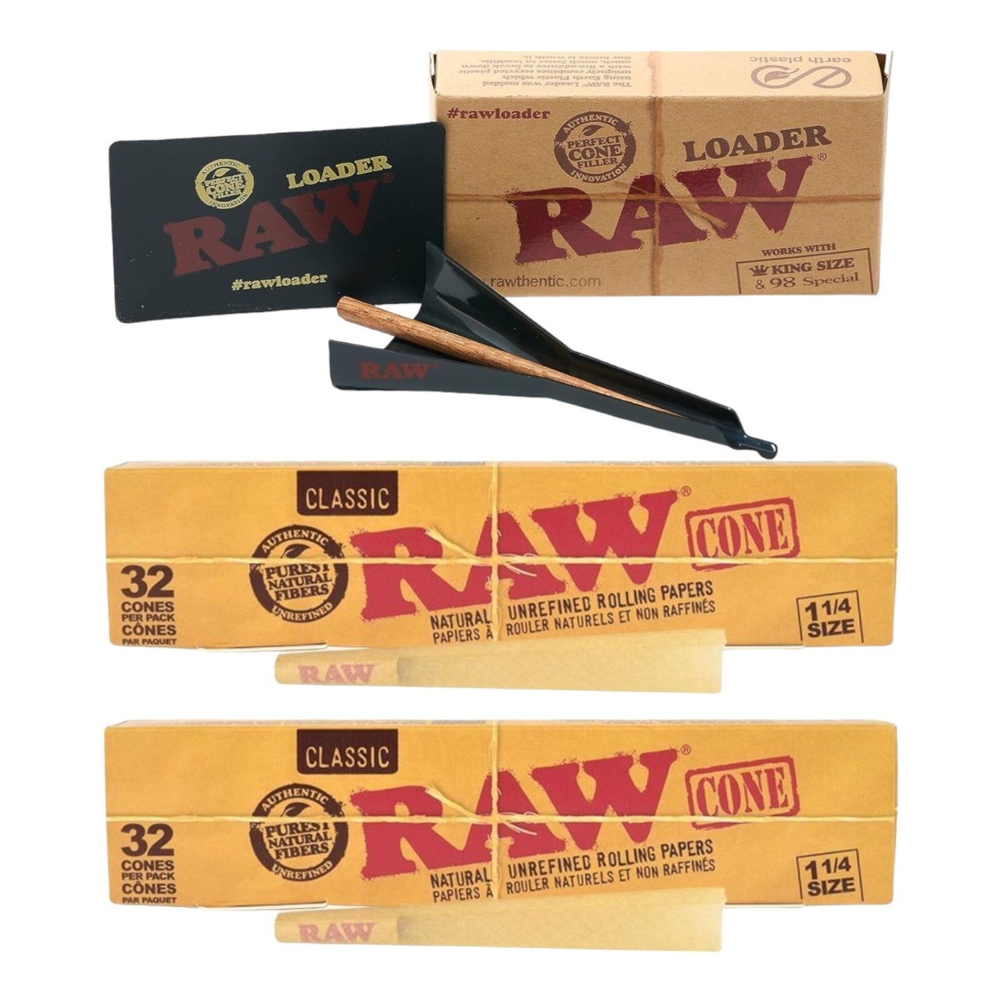 2 Packs RAW Classic King Size Pre Rolled Cones (32 Pack) + Cone Loader