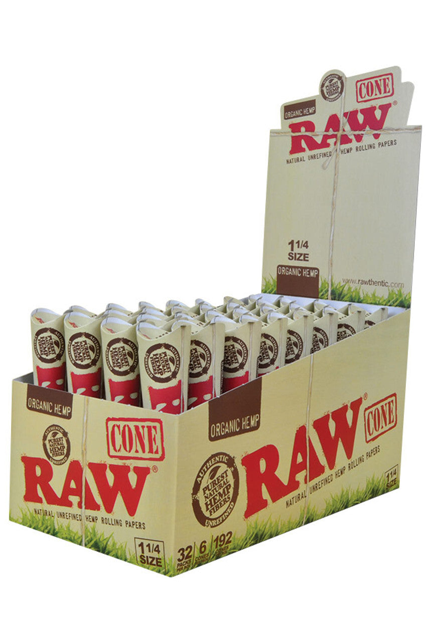 Box of 32 RAW Organic Hemp 1 1/4 Pre Rolled Paper Cones (6 Packs)