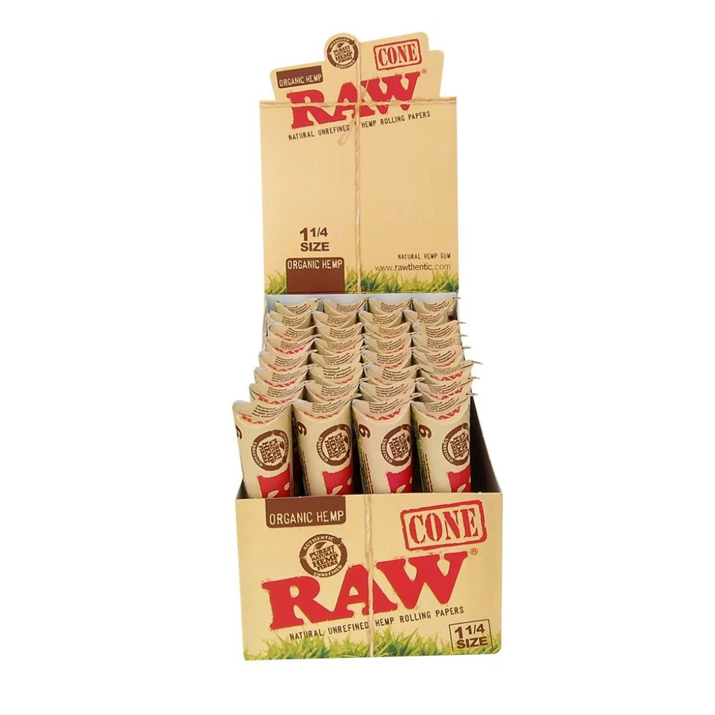 Box of 32 RAW Organic Hemp 1 1/4 Pre Rolled Paper Cones (6 Packs)