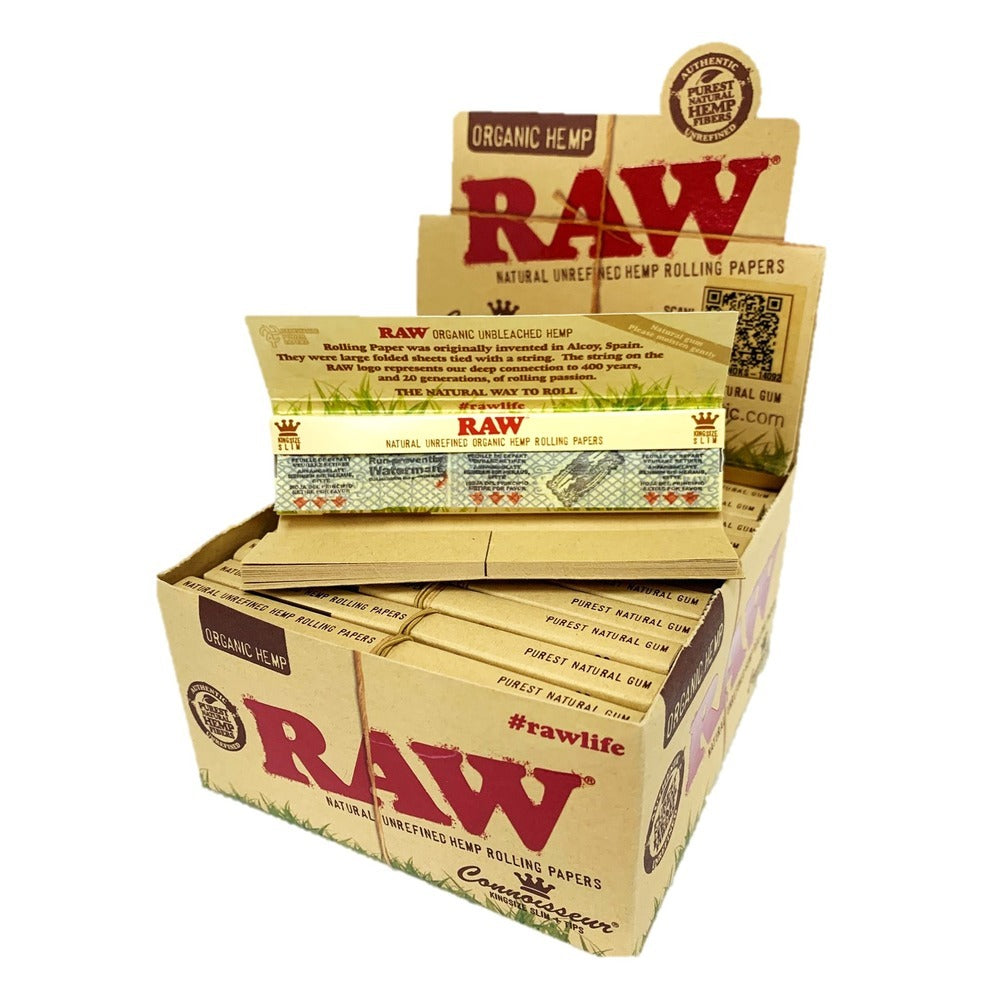 Box of 24 RAW King Size Slim Organic Connoisseur Rolling Papers with Tips