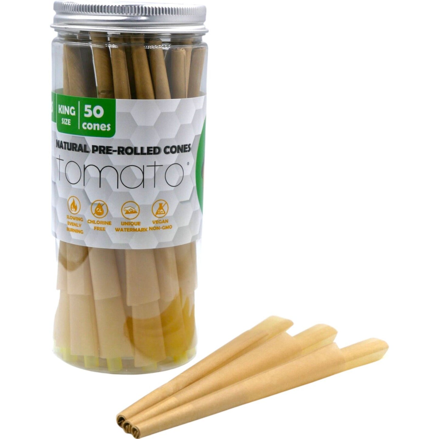 Pre-Rolled King Size Paper Cones - 100 Pack -Tomato Natural Vegan Non GMO