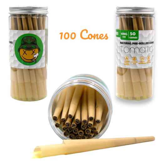 Pre-Rolled King Size Paper Cones - 100 Pack -Tomato Natural Vegan Non GMO