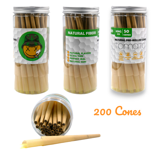 Pre-Rolled King Size Paper Cones - 200 Pack -Tomato Natural Vegan Non GMO