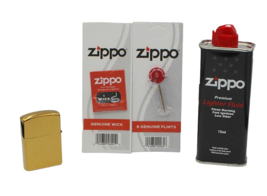 JMCo Gold Oil Lighter + Zippo Refill Fluid 125ml + Wick + Flints