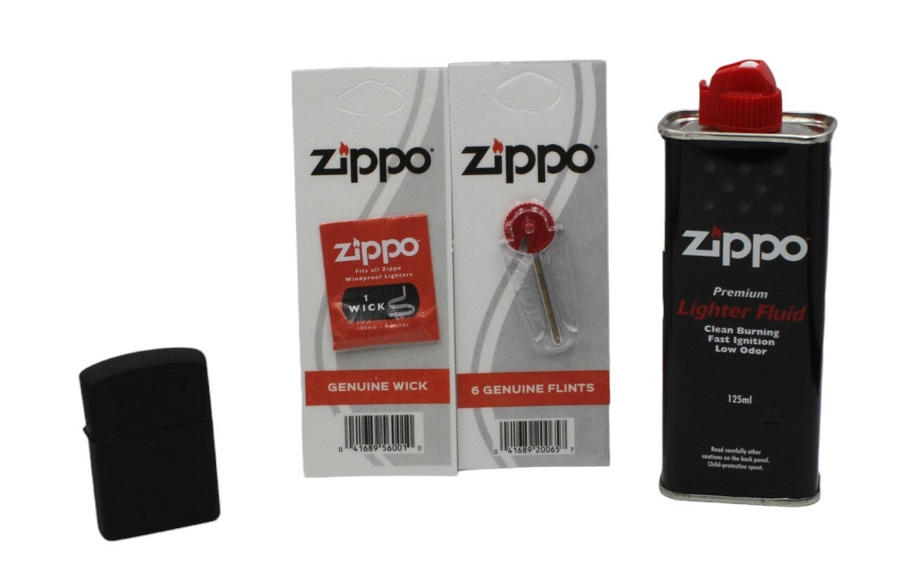 JMCo Black Oil Lighter + Zippo Refill Fluid 125ml + Wick + Flints