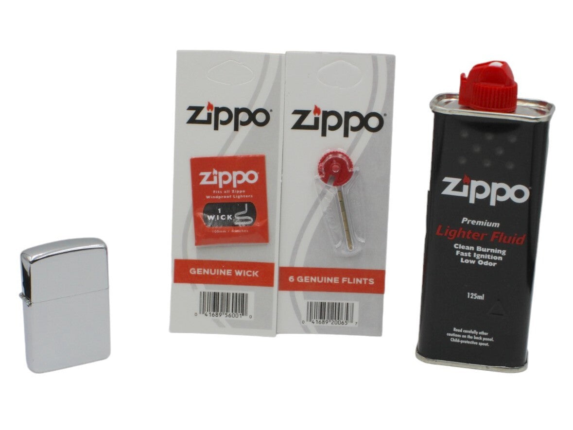 JMCo Silver Oil Lighter + Zippo Refill Fluid 125ml + Wick + Flints