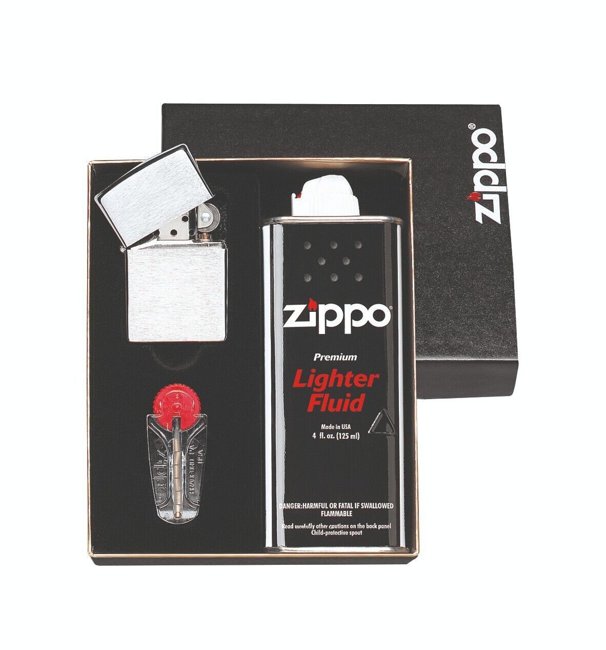 Zippo Satin Chrome Lighter with 125ml Fluid and Flints - Gift Set