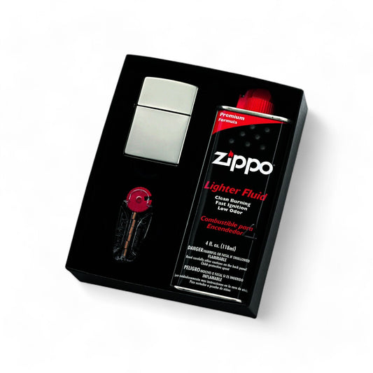 Zippo Satin Chrome Lighter with 125ml Fluid and Flints - Gift Set