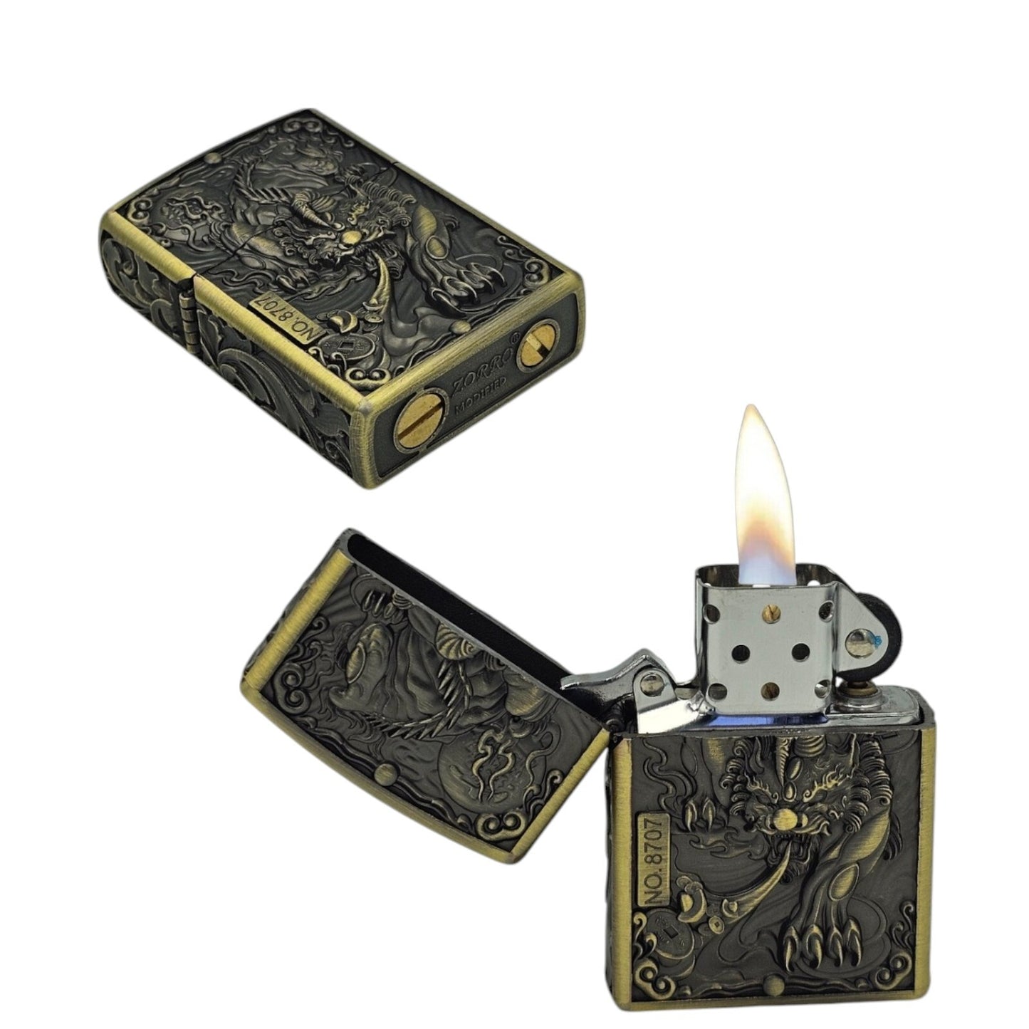 Zorro Gold Dragon Oil Lighter Metal Flip Top Windproof Refillable