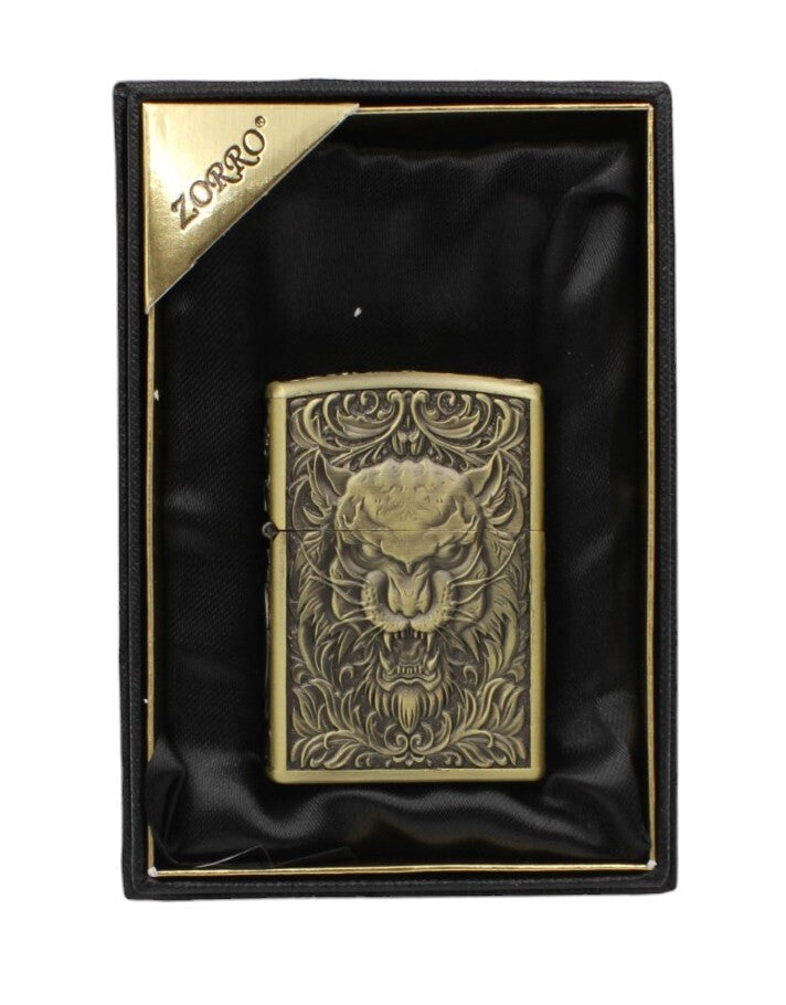 Zorro Gold Lion Oil Lighter Metal Flip Top Windproof Refillable