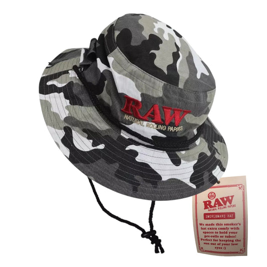 RAW Camo Smokermans Hat Medium Size - Functional Bucket Hat with Four Preroll Slots for Cones or Sto