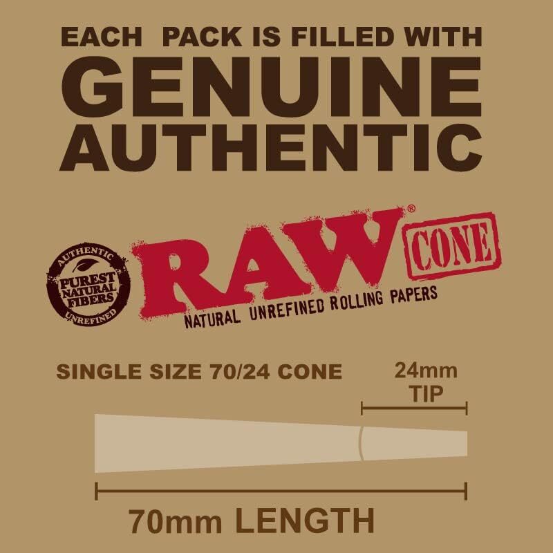 RAW Classic Pre-Rolled Cones Single Size 70/24 -20 Pack