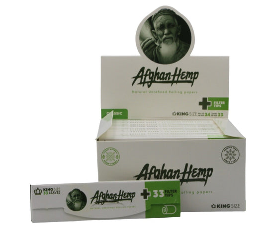 Box of 24 Afghan Hemp King Size Slim Unrefined Papers with Tips