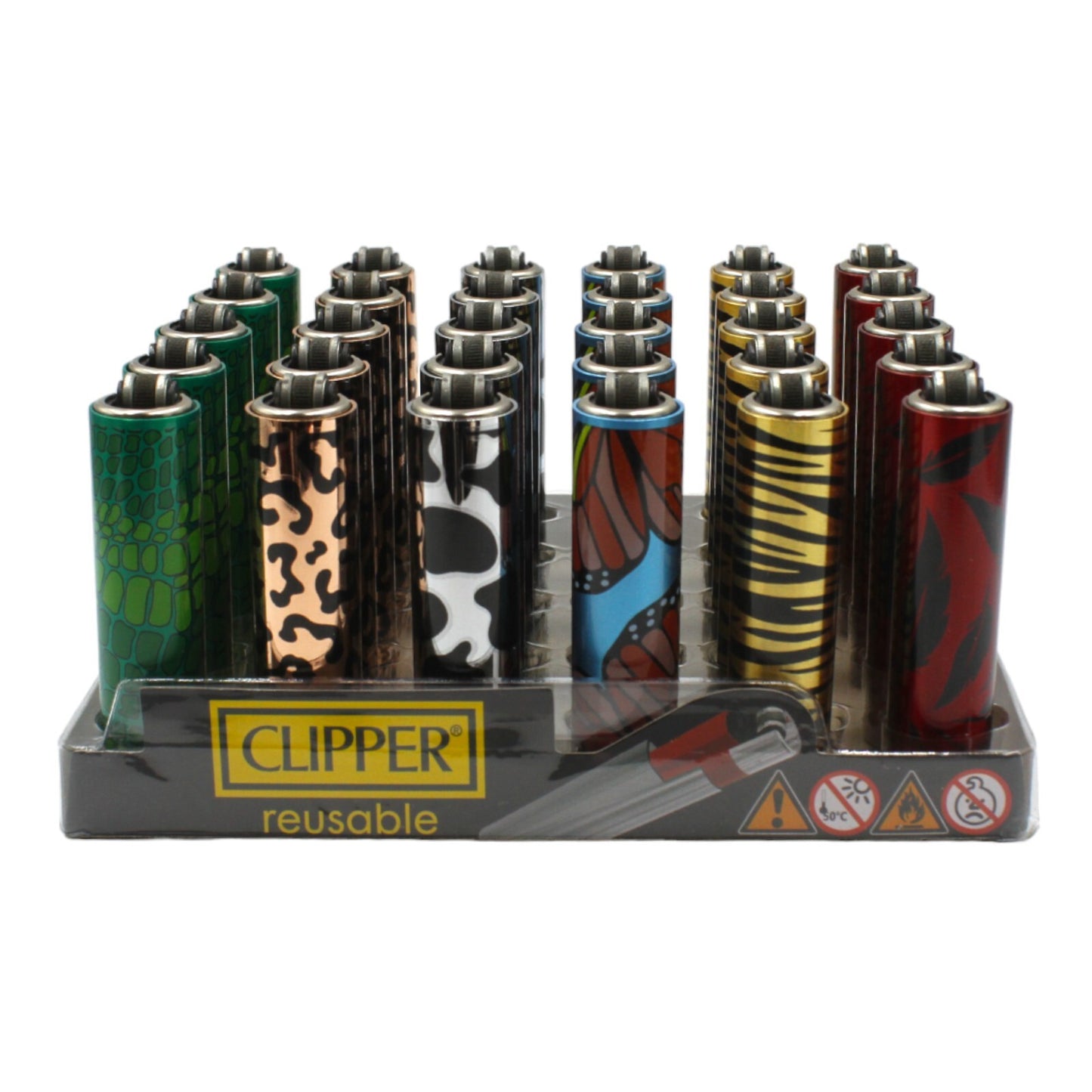 Box of 30 Clipper Metal High Quality Reusable Lighters - Zoo Skins