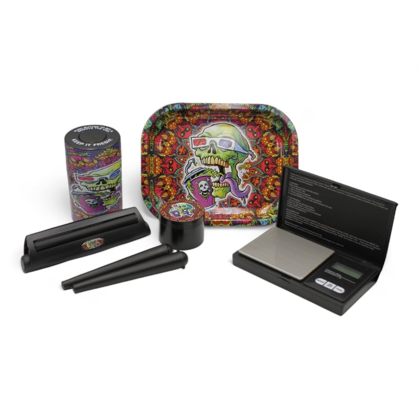 Smoking Gift Set with Scale, Grinder, Stash Jar, Rolling Tray & More - Skull Design