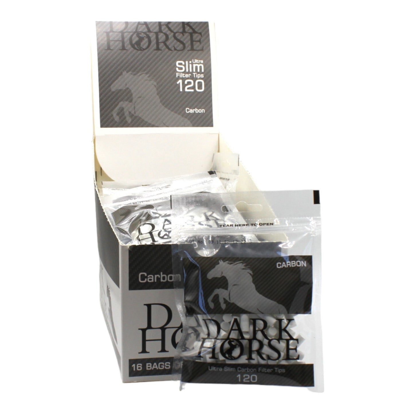 Box of 16 Dark Horse Ultra Slim Carbon Black 120 Filter Tip Bags (1,920 Tips)