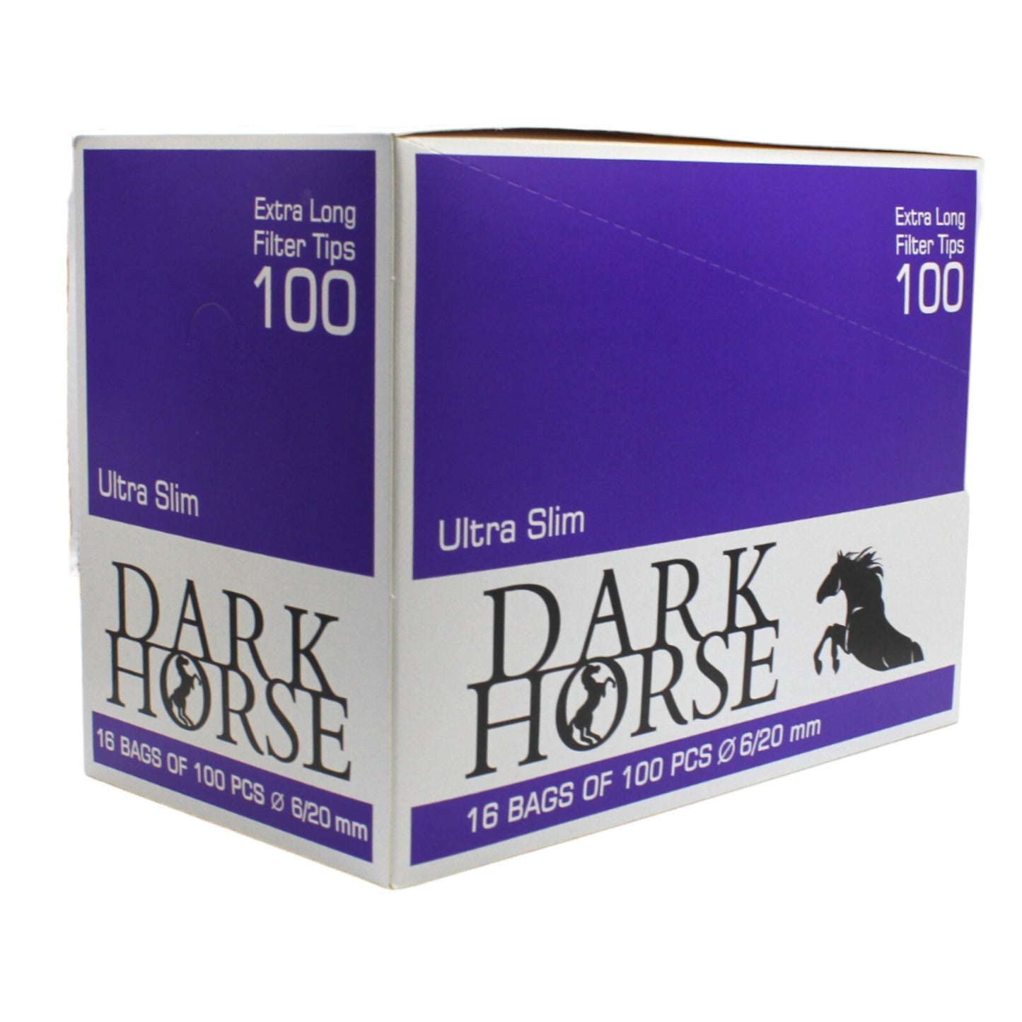 Box of 16 Dark Horse Ultra Slim Extra Long Purple 100 Filter Tip Bags (1,600 Tips)