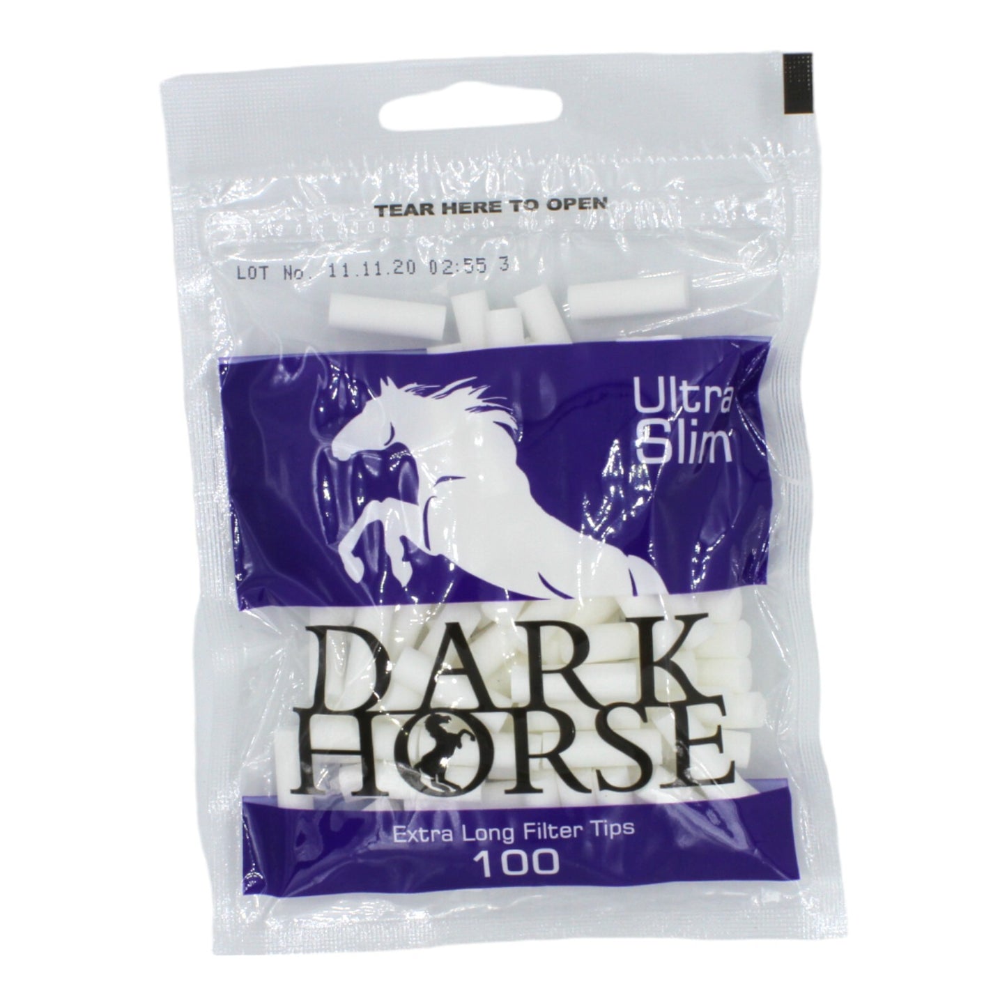 Box of 16 Dark Horse Ultra Slim Extra Long Purple 100 Filter Tip Bags (1,600 Tips)