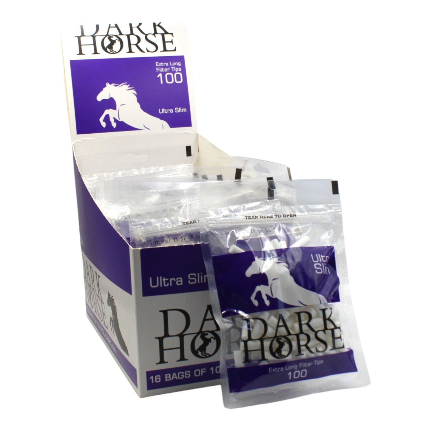 Box of 16 Dark Horse Ultra Slim Extra Long Purple 100 Filter Tip Bags (1,600 Tips)