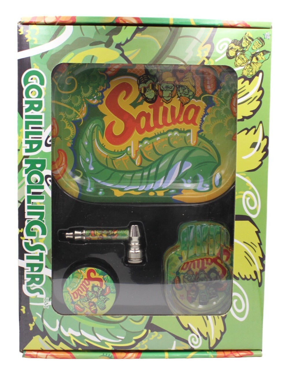 Gorilla Sativa Smoking Gift Set with Pipe, Grinder, Ashtray & Rolling Tray