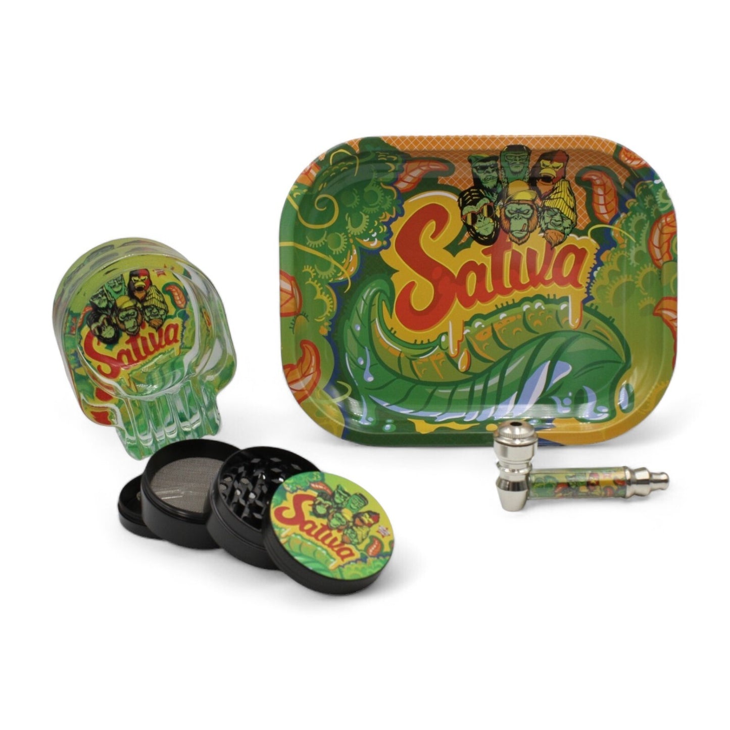 Gorilla Sativa Smoking Gift Set with Pipe, Grinder, Ashtray & Rolling Tray