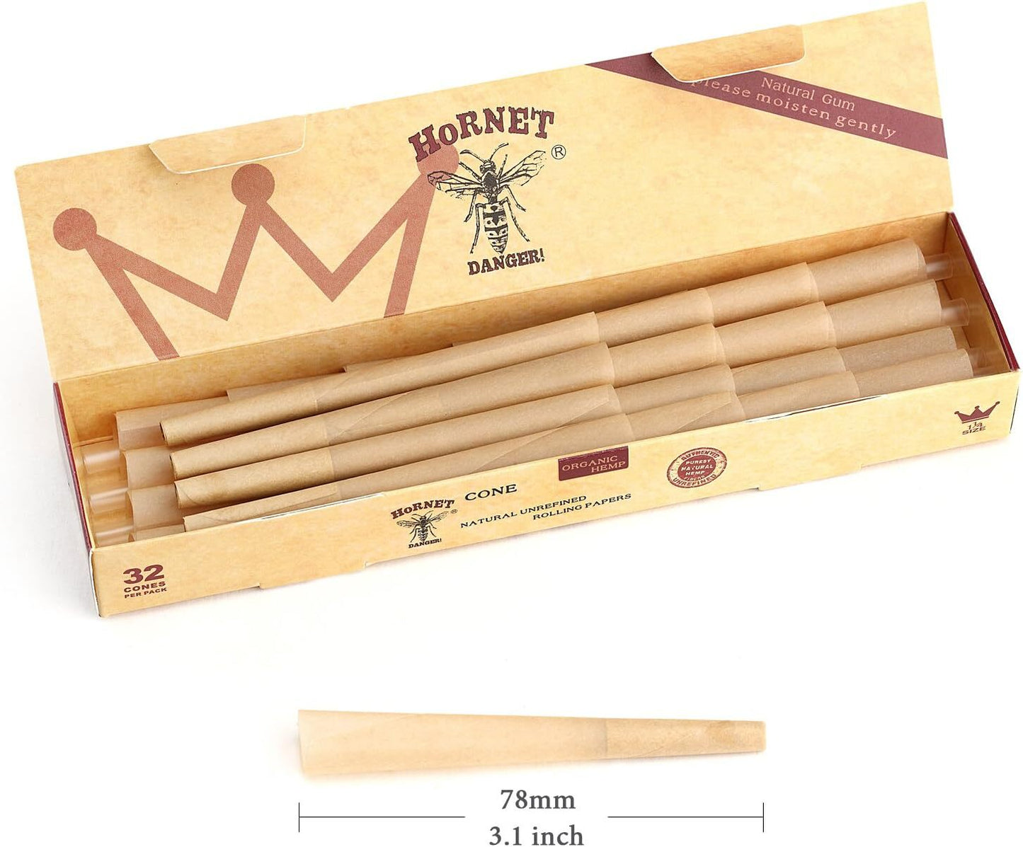 Hornet Natural Unrefined 1 1/4 Pre Rolled Paper Cones (32 Pack)