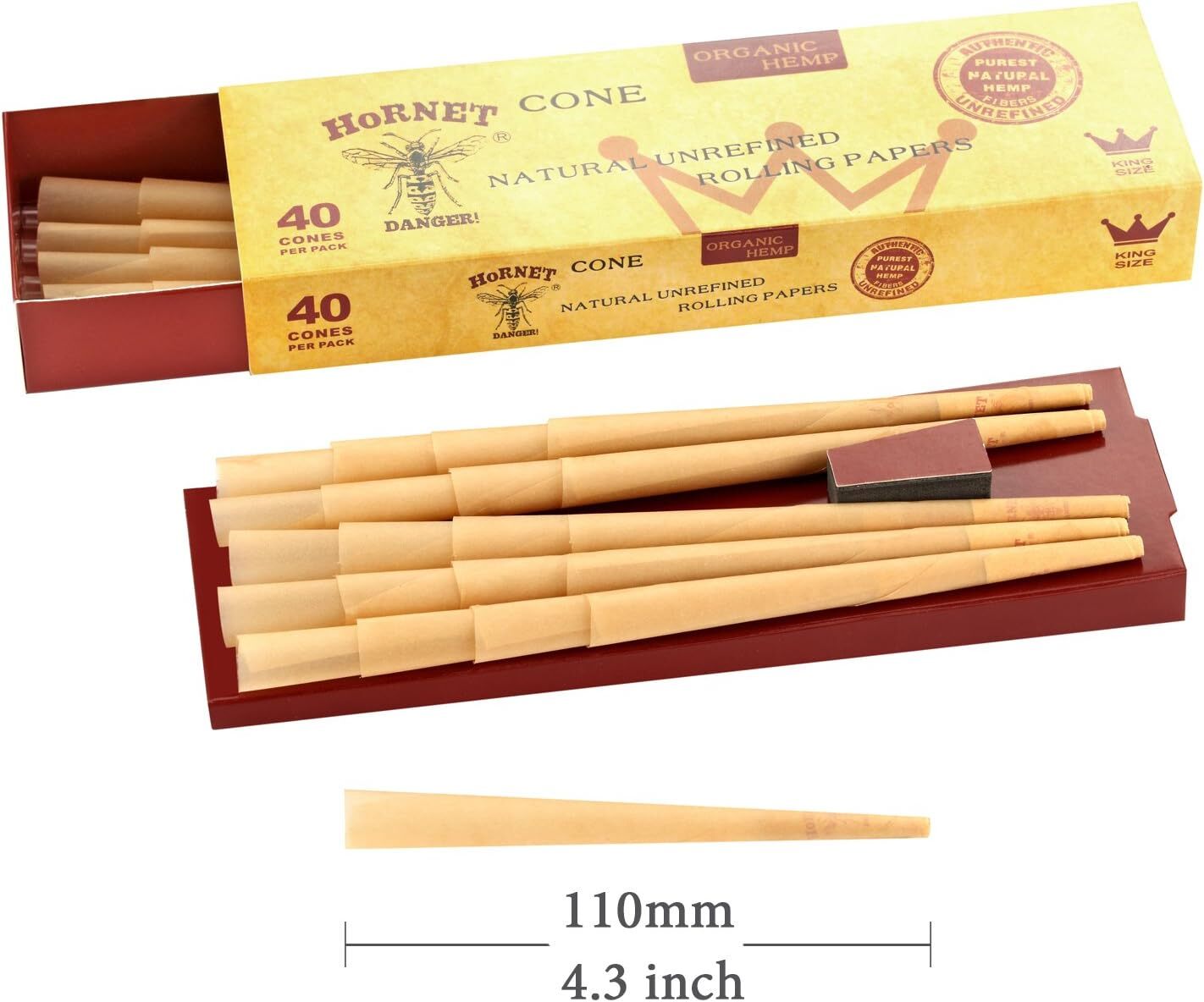 Hornet Natural Unrefined King Size Pre Rolled Paper Cones (40 Pack)