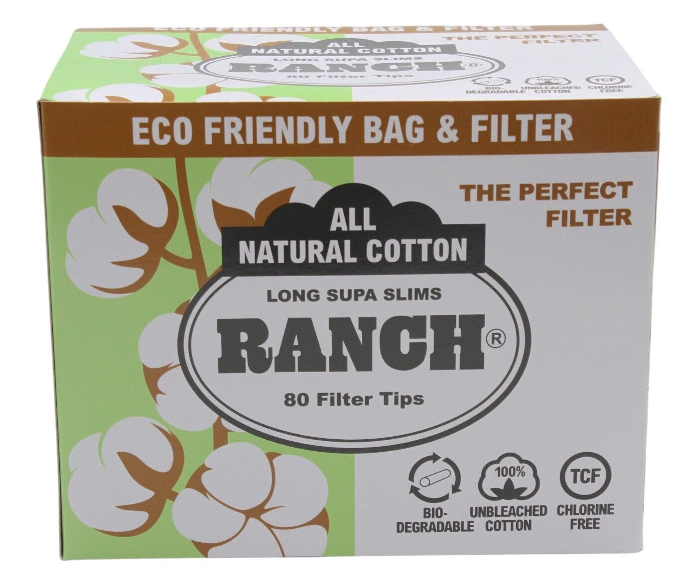 Box of 12 Ranch Long Supa Slim Natural Cotton Cigarette Filters - 960 Total