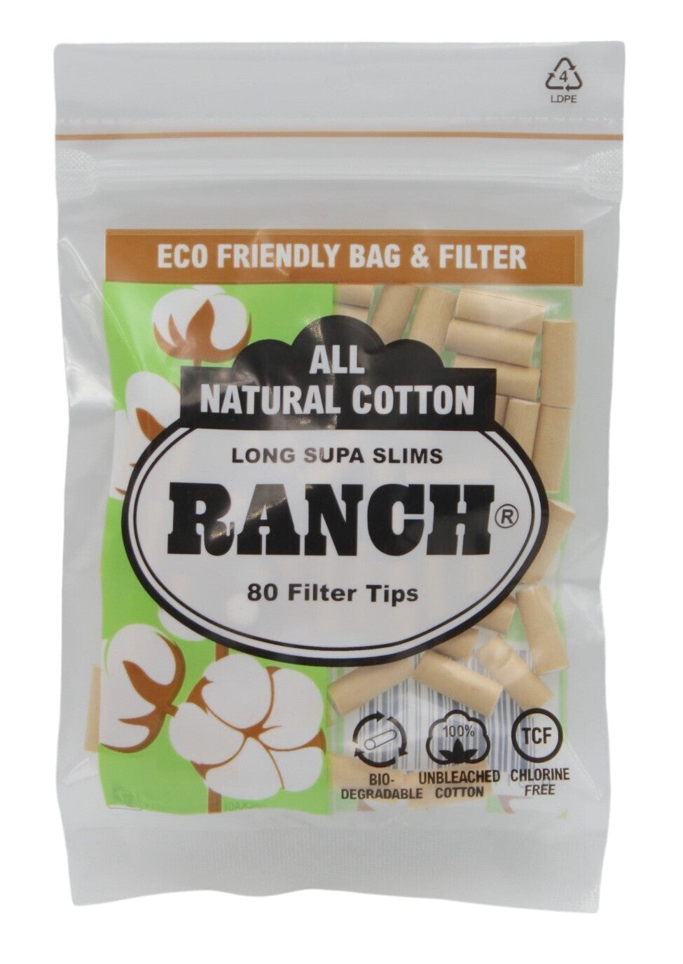 Ranch Long Supa Slim Natural Cotton Cigarette Filters - 80 Tips