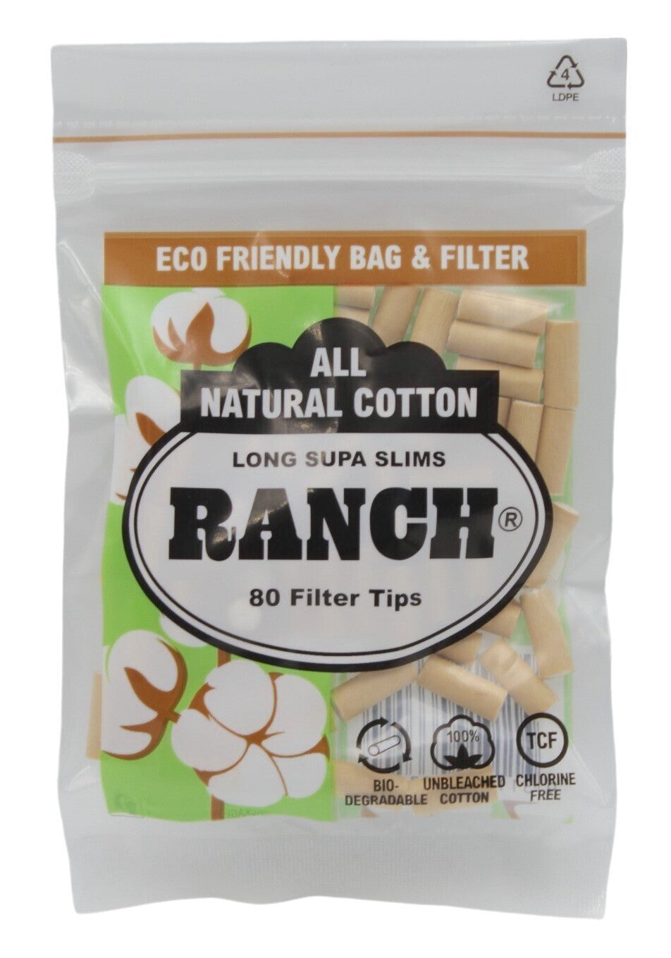 Ranch Long Supa Slim Natural Cotton Cigarette Filters - 80 Tips