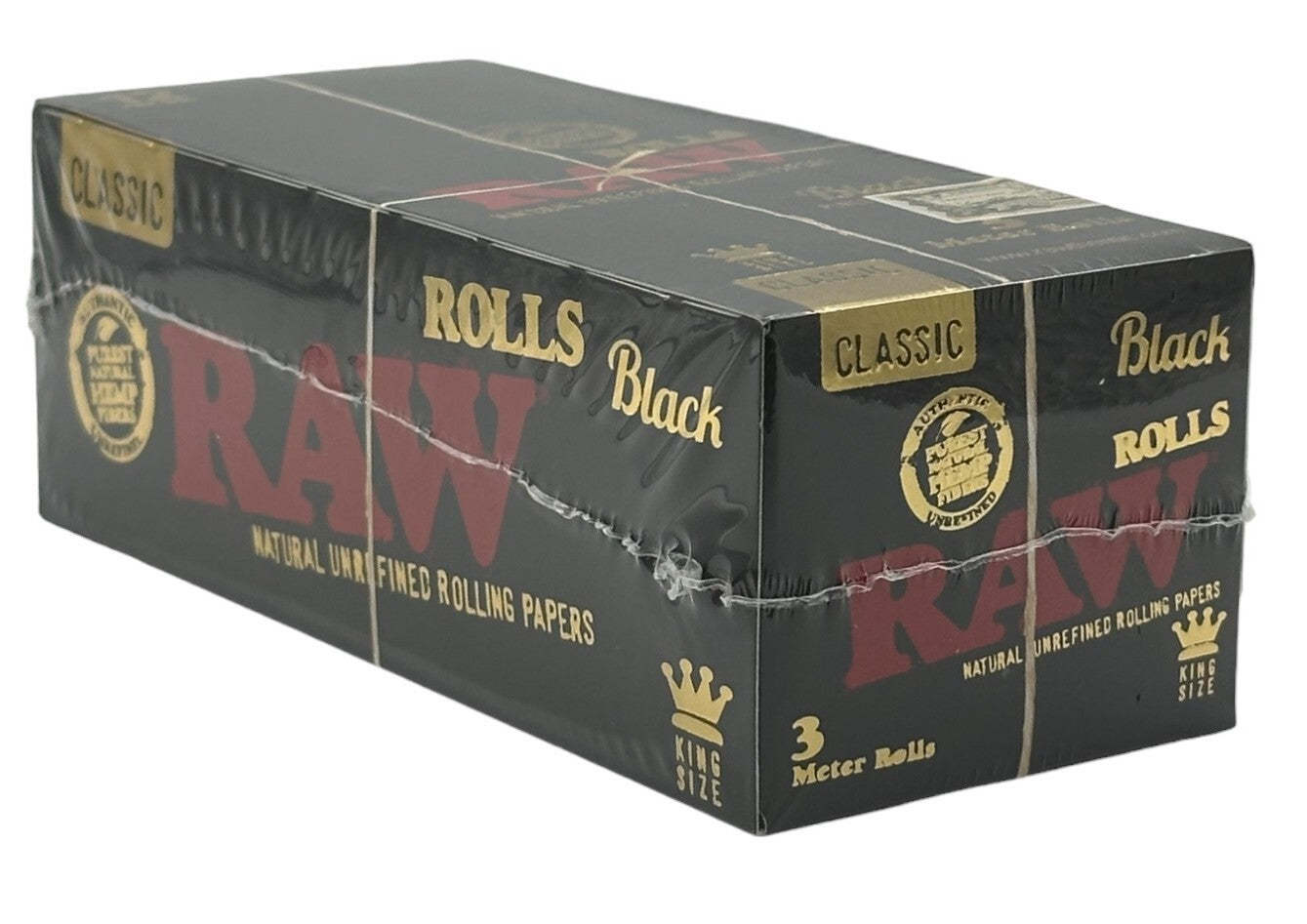 Box of 12 RAW Black King Size 3 Meter Rolls - Ultra Thin Natural