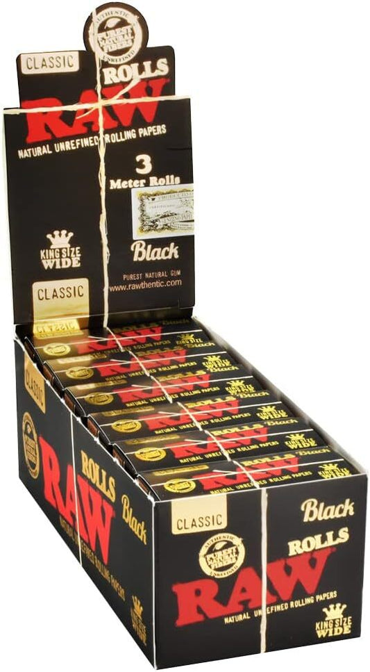 Box of 12 RAW Black King Size 3 Meter Rolls - Ultra Thin Natural