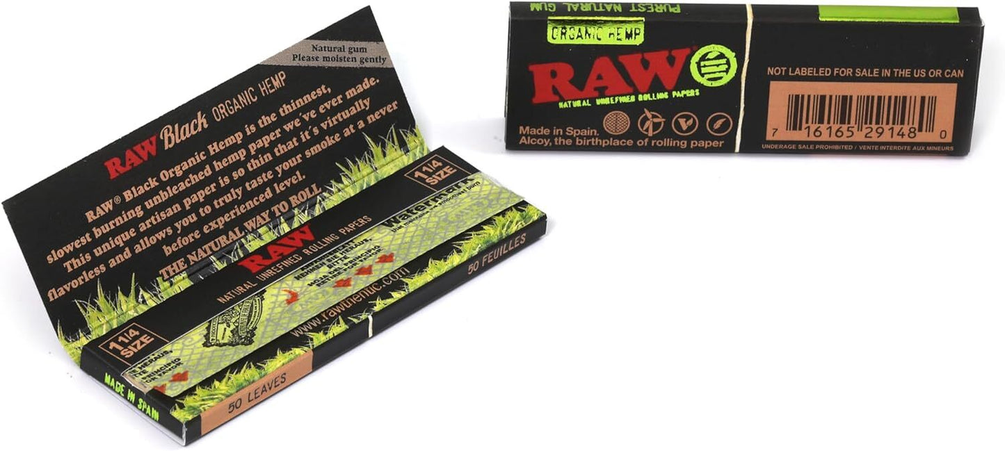 RAW Black Ultra Thin 1 1/4 Organic Hemp Papers - 50 Leaves