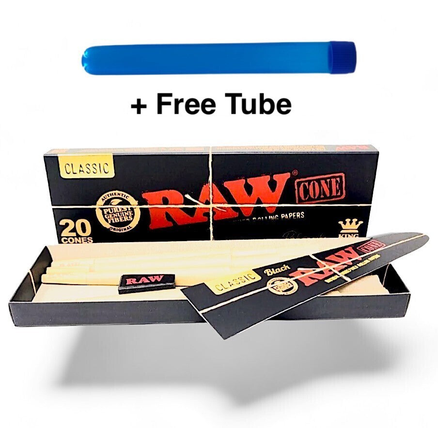 20 Pack Raw Black King Size Pre Rolled Cones + Tube