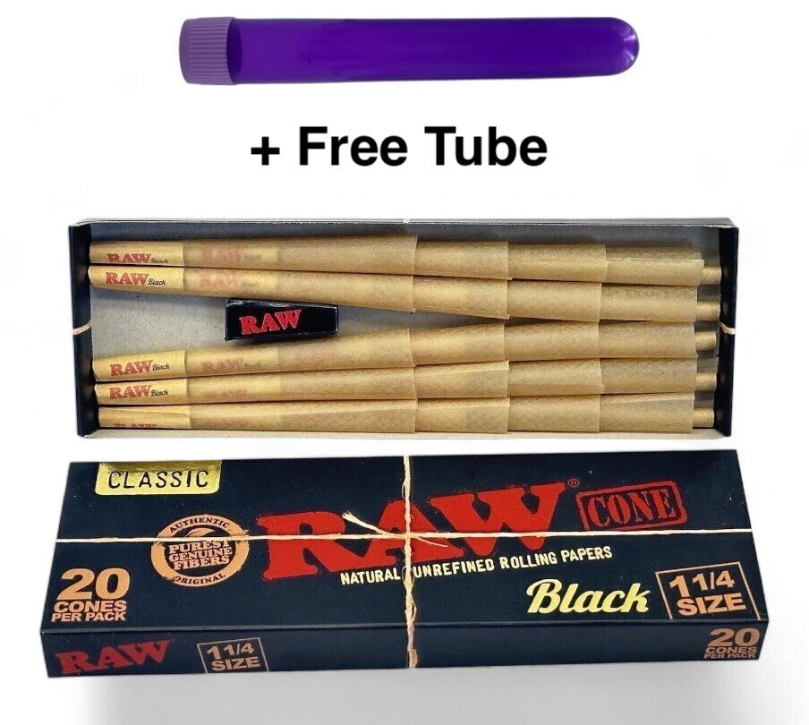 Raw Black Ultra Fine 1 1/4 Pre Rolled Cones 20 Pack + Tube