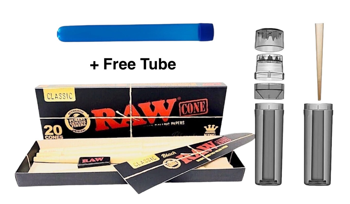 Raw Black King Size Pre Rolled 20 Pack + Cone Creator Machine + Tube