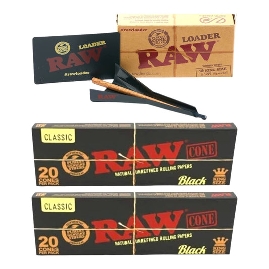 2 x Raw Black King Size Cones Pre-Rolled 20 Pack + Cone Loader