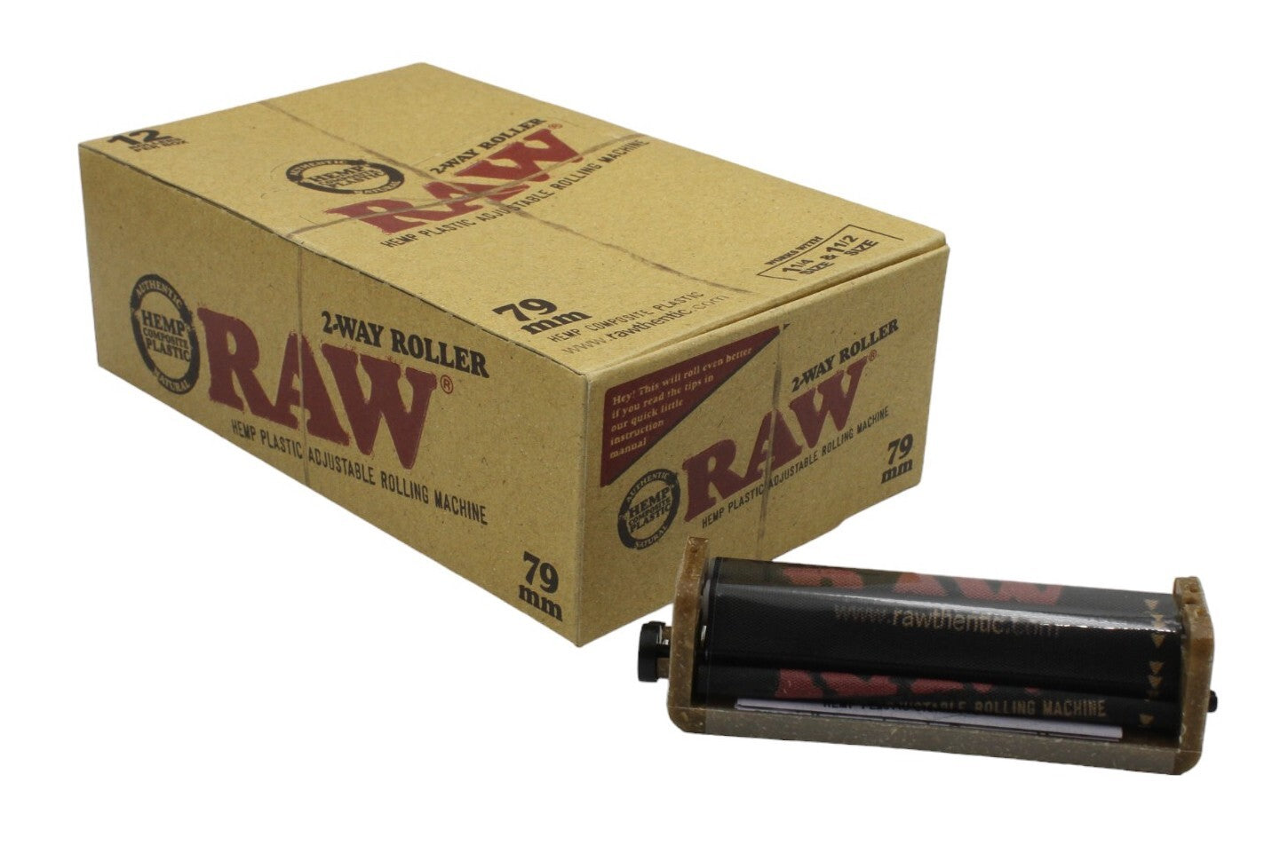 Box of 12 RAW Hemp Eco Plastic Tobacco Machines 79mm 2-Way Roller