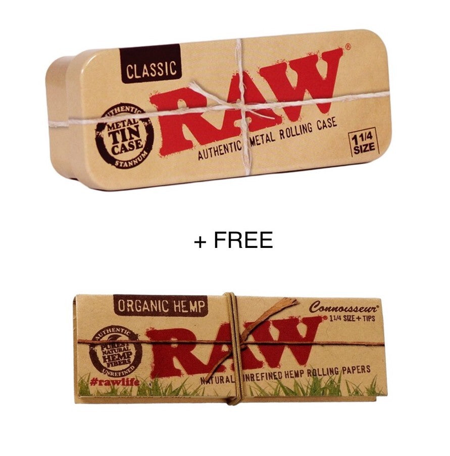 RAW 1 1/4 Metal Tin Case + FREE Organic Hemp Paper with Tips