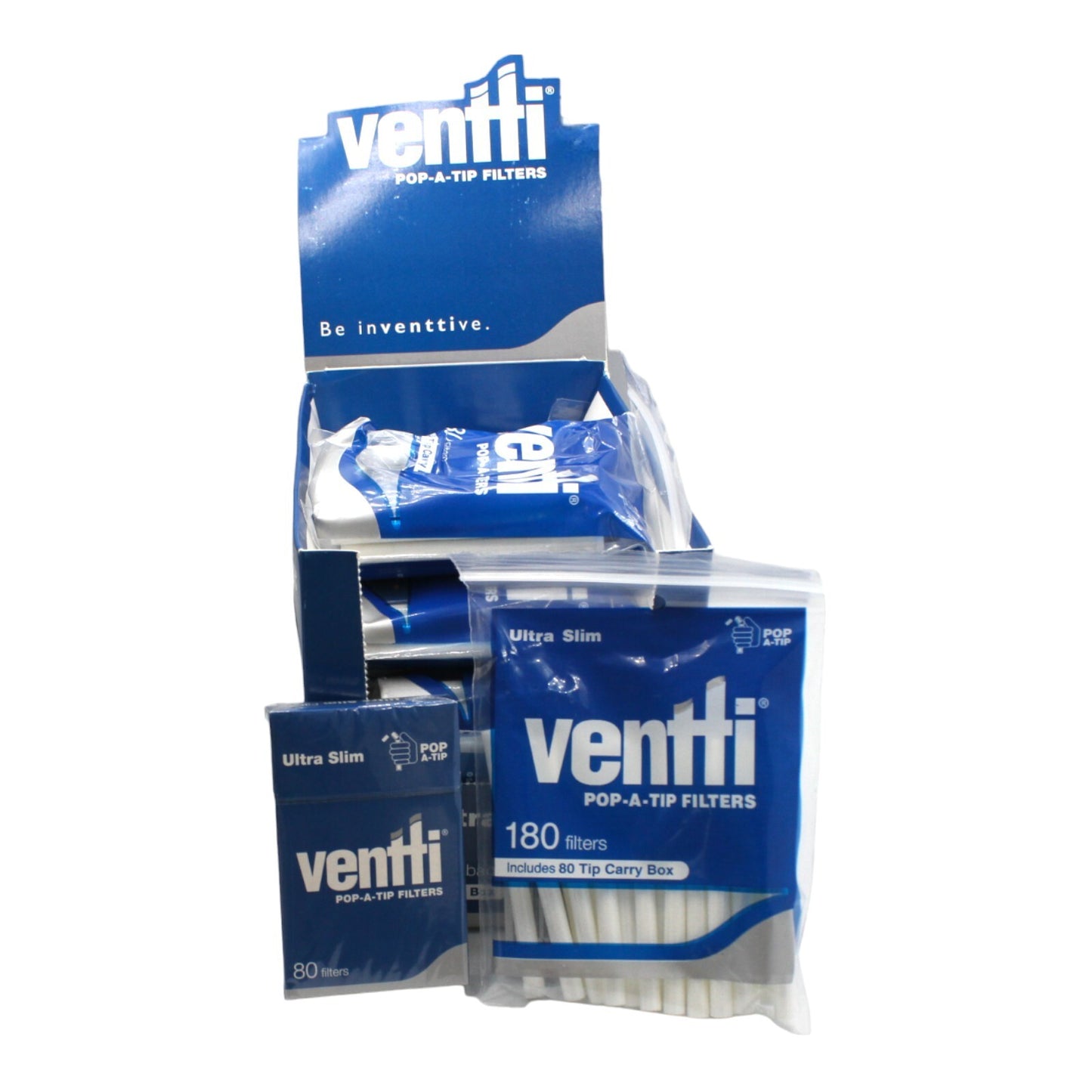 Box of 12 Ventti Pop A Tip Ultra Slim Blue Filters with Carry Box